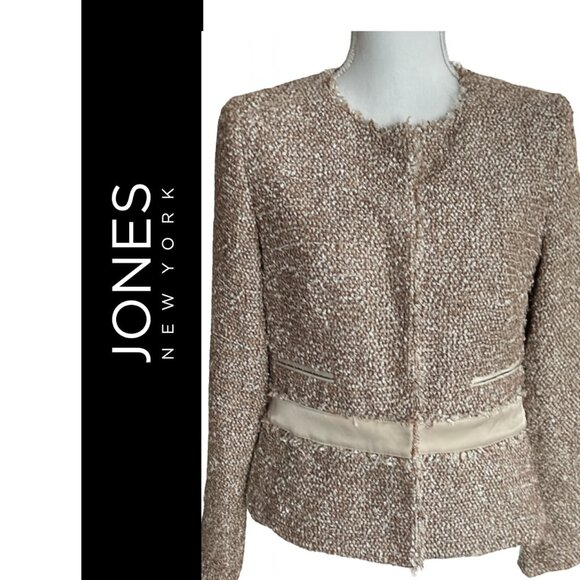 New Jones Newyork Jacket Womens Size 4 Tweed Fringe Trim Snap Button Blazer - Picture 1 of 13